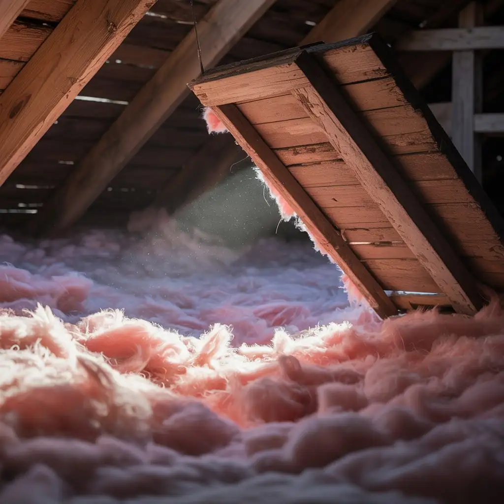 Open attic hatch with exposed insulation and roof framing during a rodent inspection
