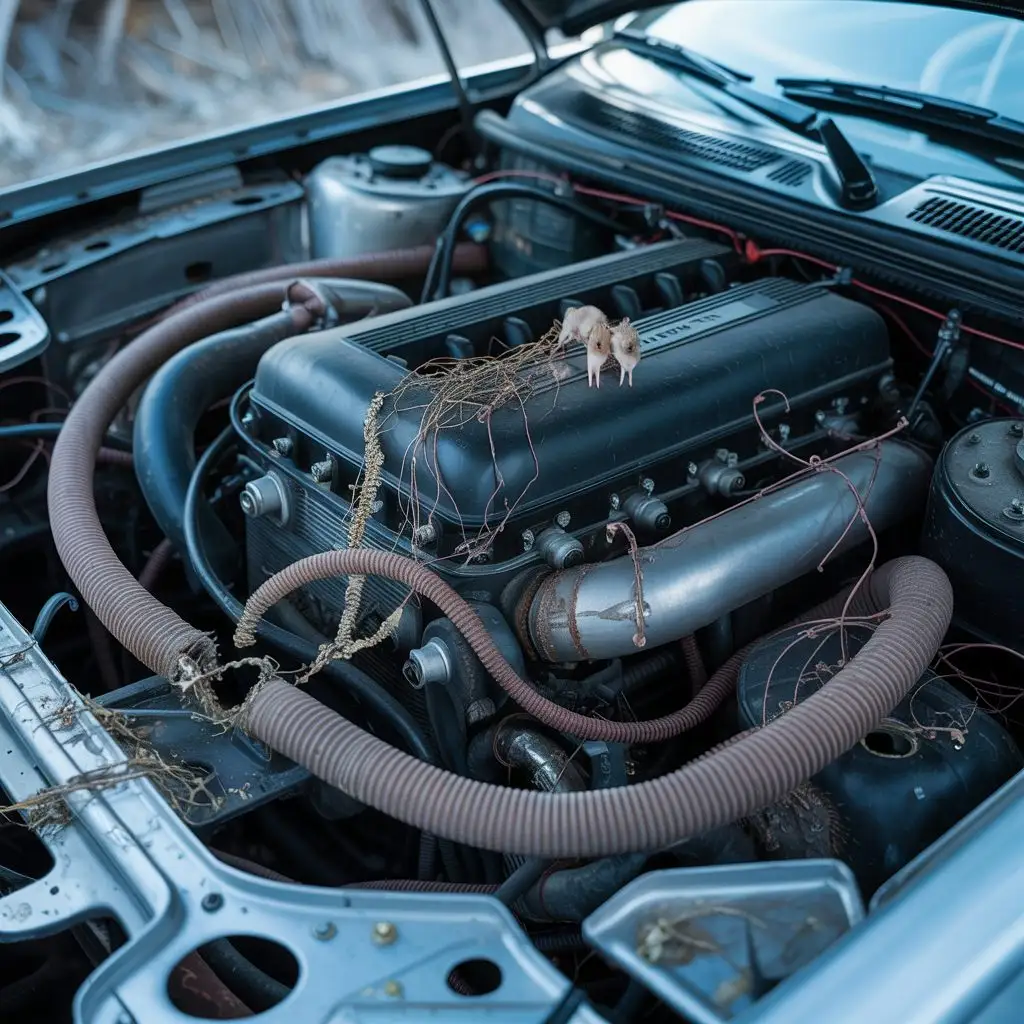 Open car engine bay showing wiring and hoses vulnerable to pack rat damage