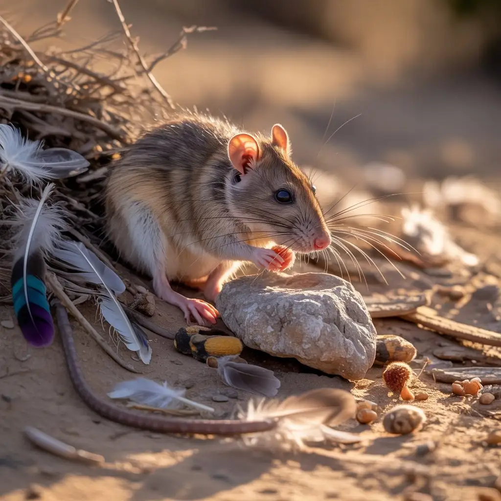 Woodrat sheltering in dry brush and leaf litter, typical pack rat midden habitat